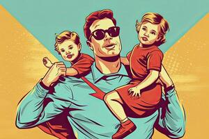papá superhéroe moscas y lleva su hija y hijo en su brazos.ai generativo foto