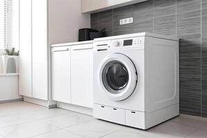 Clothes washing machine in laundry room interior. photo