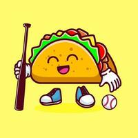 Vector illustration of kawaii taco cartoon character with baseball bat and ball. Vector eps 10