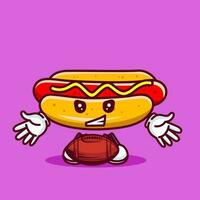 Vector illustration of kawaii hot dog cartoon character with american football ball. Vector eps 10