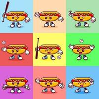 Set of Vector illustration of kawaii hot dog cartoon character with baseball bat and ball. Vector eps 10
