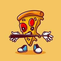 Vector illustration of kawaii pizza cartoon character with baseball bat and ball. Vector eps 10