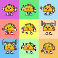Set of Vector illustration of kawaii taco cartoon character with barbell. Vector eps 10