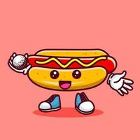 Vector illustration of kawaii hot dog cartoon character with stick golf and ball. Vector eps 10