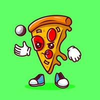 Vector illustration of kawaii pizza cartoon character with stick golf and ball. Vector eps 10