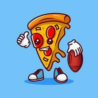 Vector illustration of kawaii pizza cartoon character with american football ball. Vector eps 10