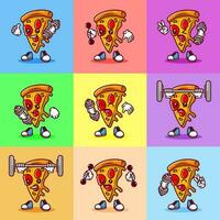 Set of Vector illustration of kawaii pizza cartoon character with barbell. Vector eps 10