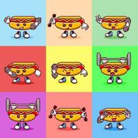 Set of Vector illustration of kawaii hot dog cartoon character with barbell. Vector eps 10