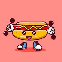 Vector illustration of kawaii hot dog cartoon character with barbell. Vector eps 10