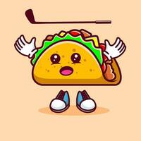 Vector illustration of kawaii taco cartoon character with stick golf and ball. Vector eps 10