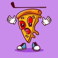 Vector illustration of kawaii pizza cartoon character with stick golf and ball. Vector eps 10