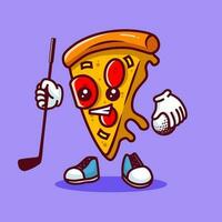 Vector illustration of kawaii pizza cartoon character with stick golf and ball. Vector eps 10