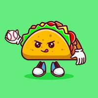 Vector illustration of kawaii taco cartoon character with baseball bat and ball. Vector eps 10