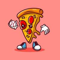 Vector illustration of kawaii pizza cartoon character with baseball bat and ball. Vector eps 10