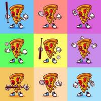 Set of Vector illustration of kawaii pizza cartoon character with baseball bat and ball. Vector eps 10