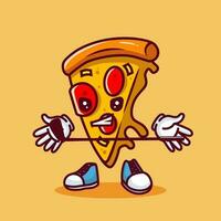 Vector illustration of kawaii pizza cartoon character with stick golf and ball. Vector eps 10