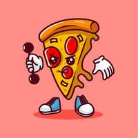 Vector illustration of kawaii pizza cartoon character with barbell. Vector eps 10