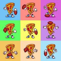 Set of Vector illustration of kawaii pizza cartoon character with american football ball. Vector eps 10