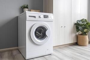 Clothes washing machine in laundry room interior. photo