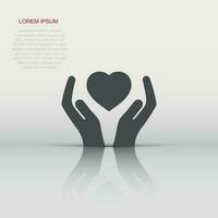 Heart care icon in flat style. Charity vector illustration on white isolated background. Love in hand business concept.