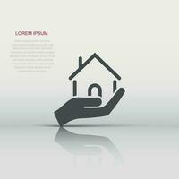 Home care icon in flat style. Hand hold house vector illustration on white isolated background. Building quality business concept.