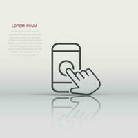 Hand touch smartphone icon in flat style. Phone finger vector illustration on white isolated background. Cursor touchscreen business concept.