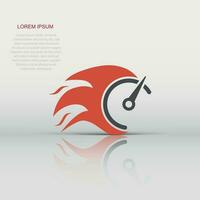 Flaming speedometer sign icon in flat style. Accelerate vector illustration on white isolated background. Motion tachometer business concept.