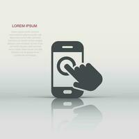 Hand touch smartphone icon in flat style. Phone finger vector illustration on white isolated background. Cursor touchscreen business concept.