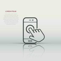 Hand touch smartphone icon in flat style. Phone finger vector illustration on white isolated background. Cursor touchscreen business concept.