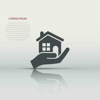 Home care icon in flat style. Hand hold house vector illustration on white isolated background. Building quality business concept.