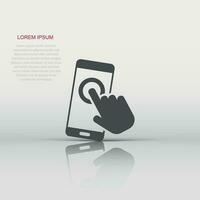 Hand touch smartphone icon in flat style. Phone finger vector illustration on white isolated background. Cursor touchscreen business concept.