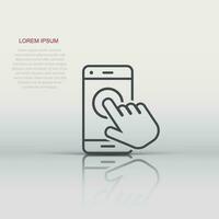 Hand touch smartphone icon in flat style. Phone finger vector illustration on white isolated background. Cursor touchscreen business concept.