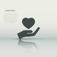 corazón cuidado icono en plano estilo. caridad vector ilustración en blanco aislado antecedentes. amor en mano negocio concepto.