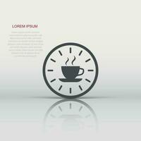 Coffee break icon in flat style. Clock with tea cup vector illustration on white isolated background. Breakfast time business concept.