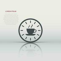 Coffee break icon in flat style. Clock with tea cup vector illustration on white isolated background. Breakfast time business concept.