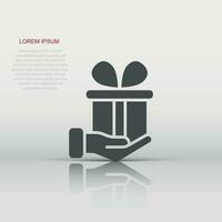 Gift box icon in flat style. Present on hand vector illustration on white isolated background. Surprise business concept.