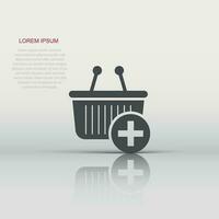 Add to cart icon in flat style. Shopping vector illustration on white isolated background. Basket with plus sign business concept.