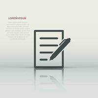 Document with pen icon in flat style. Notepad vector illustration on white isolated background. Office stationery business concept.