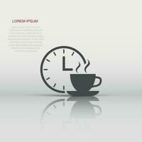 icono de pausa para el café en estilo plano. reloj con ilustración de vector de taza de té sobre fondo blanco aislado. concepto de negocio de la hora del desayuno.