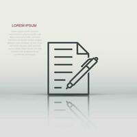 Document with pen icon in flat style. Notepad vector illustration on white isolated background. Office stationery business concept.