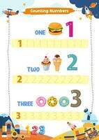 nursery worksheet, learning to count and tracing numbers vector