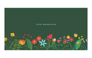 Horizontal green banner or floral backdrop decorated flowers and leaves border vector