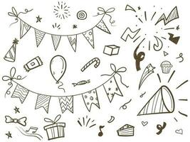 Set of party doodle. Hand drawn Sketch of Birthday decoration, gift box, cake, party hats vector