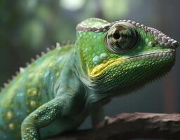 Green chameleon close up with forest background.. photo