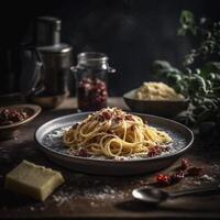 Meatless carbonara spaghetti with dried tomatoes and peccorino cheese, created with generative AI photo