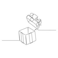 uno línea dibujo continuo diseño de abrió regalo caja vector