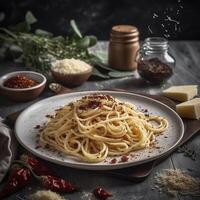 Meatless carbonara spaghetti with dried tomatoes and peccorino cheese, created with photo