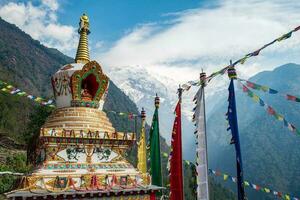 hermosa tibetano budismo estupa en chomrong pueblo con mt.annapurna sur en el antecedentes. foto