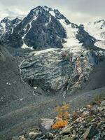 Vertical view of the Big Glacier in autumn, high in the mountains, covered by snow and ice. Altai winter landscape. photo