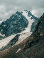 Dramatic natural background of the glacier surface with cracks The natural background of the ice wall and the glacier in the background. Beautiful natural texture of a dark glacier wall. Vertical view photo